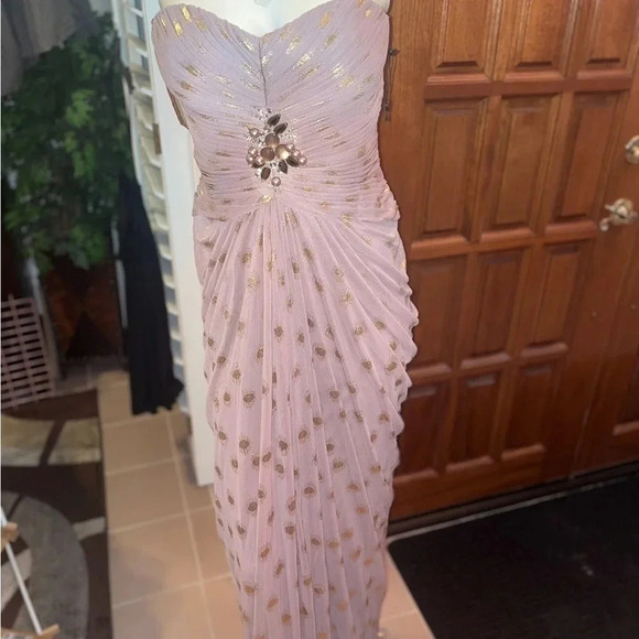- ADRIANNA PAPELL BLUSH FOILED METALLIC DOT DRAPED STRAPLESS GOWN SZ 6 - Picture 3 of 16